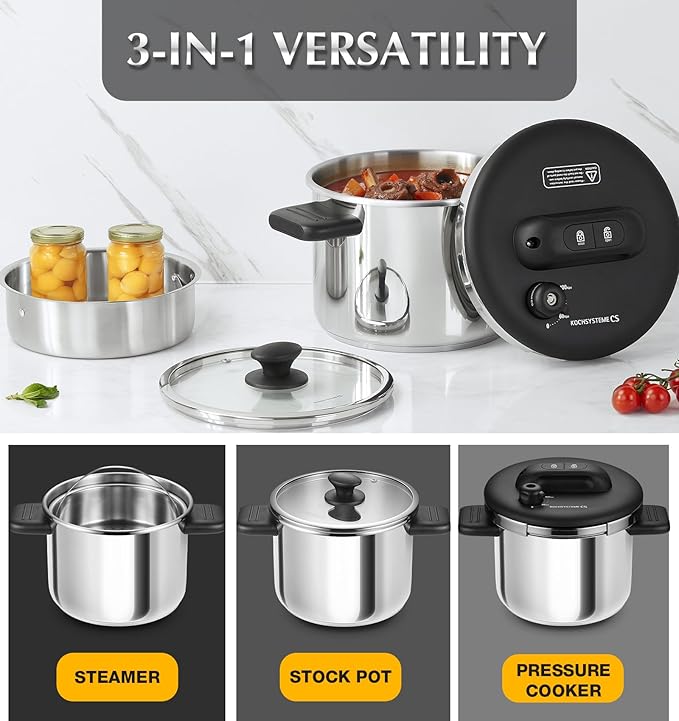 KOCH SYSTEME CS Stainless Steel Pressure Cooker 6.3 QT, Olla de Presion, Easy One-Press Lock, 3 PSI Settings Stovetop Pressure Cookers, Save 70% Time, Induction Compatible, Glass Lid & Steamer Rack