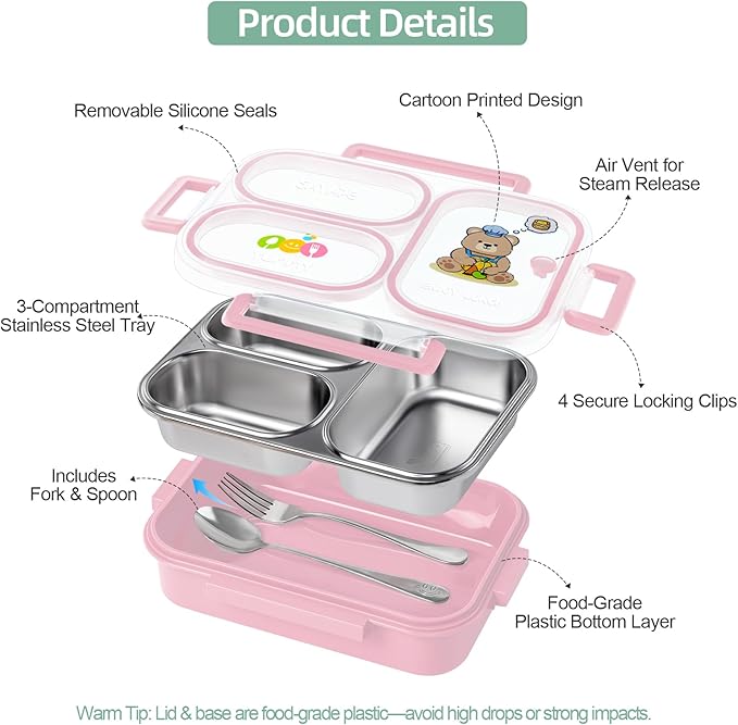 SAYAPE Stainless Steel Bento Lunch Box for Kids, 26.4 oz Leak-Proof 3-Compartment Metal Bento Box, BPA-Free, Cute Cartoon Meal Prep Snack Container with Utensils for School, Office, Travel - Pink
