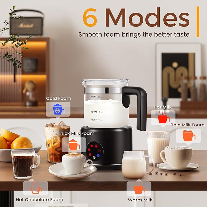 Milk Frother and Steamer, 6 in 1 Milk Steamer and Milk Warmer, 17oz Auto Shut Off Electric Frother with Touch Screen, Hot/Cold Foam Maker for Coffee, Latte, Cappuccino, Hot Chocolate, Black