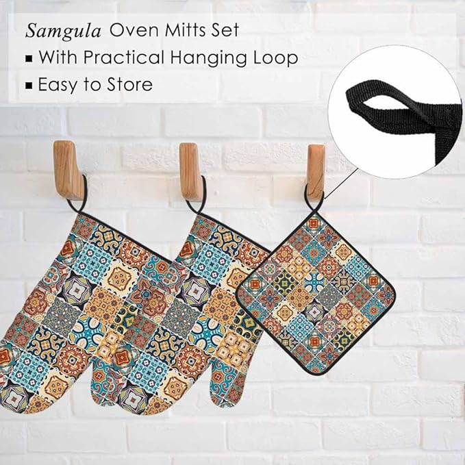 Retro Plaid Oven Mitts and Pot Holders Sets Traditional Ornate Portuguese Style Heat Resistant 3pcs for Cooking Baking BBQ