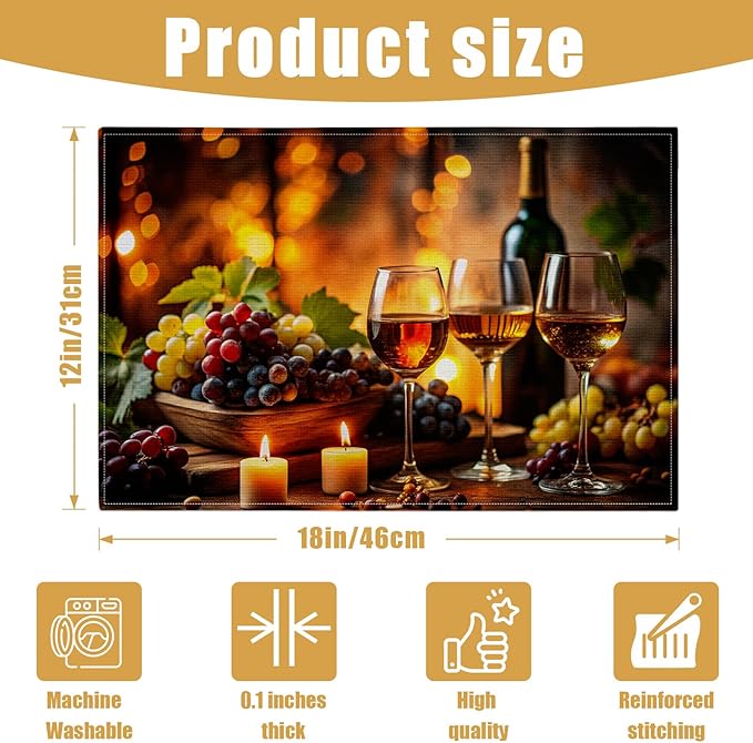 Wine Placemats Set of 6, Linen Place Mat Washable Stain Resistant Table Mats for Country Winery Artisanal Farmhouse Kitchen 12x18 Inch