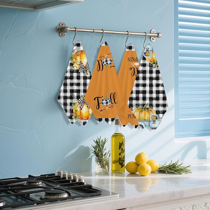 4 Pcs Hello Pumpkin Fall Kitchen Towels, Truck Soft Absorbent Tea Hand Towel, Microfiber Dish Cloths for Drying Dishes, Fall Waffle Dish Towels for Kitchen Bathroom Home, Autumn Gifts for Women Mom