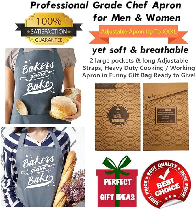 Funny Baking Aprons for Women Men, Cute Baking Gifts for Bakers, Kitchen Cooking Apron with 2 Pockets, Birthday Mothers Day Apron Gift for Mom Wife Husband Dad Son Sister Daughter