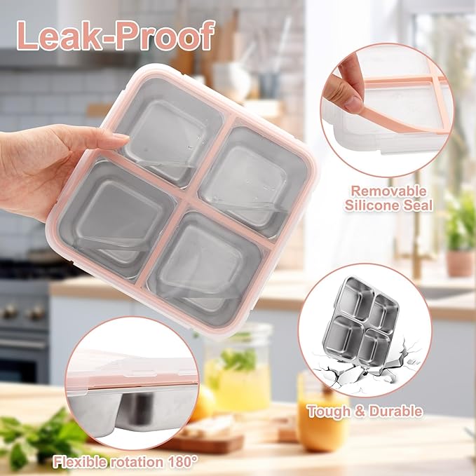 Stainless Steel 4 Compartment Snack Containers,Bento Lunch Box, Divided Meal Prep Food Storage Containers for Work and Travel