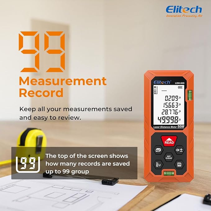 Elitech Laser Measuring Tool 165ft with Mute, Ft/in/M Switching for Home Renovation & DIY