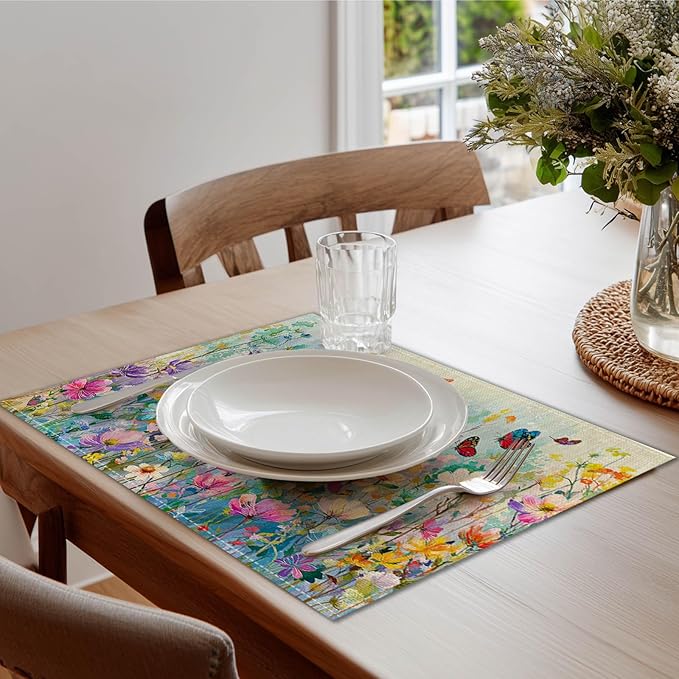 HOMETITUTE Placemats Set of 4 12x18 inch Spring Table Mats for Dining Table Floral Field Linen Placemats Farmhouse Decorations Kitchen Decor Desk Mat for Outdoor Home Party Kitchen Seasonal Dining