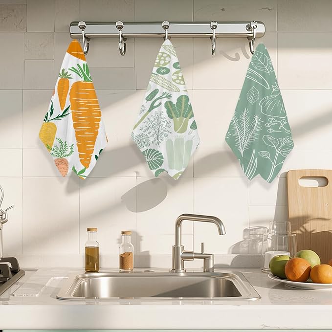 3Pcs Vegetables Kitchen Towels 24x14 Inch, Carrot Garlic Eggplant Decor Microfiber Dish Cloth Tea Towel, Waffle Absorbent Hand Towels for Kitchen Farmhouse Decor, Housewarming Gifts for Women Mom