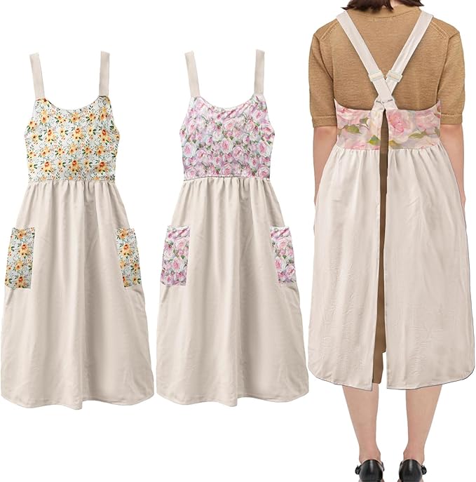 Uaussi Cotton Linen Apron Cross Back Work Apron for Women with Pockets Pinafore Dress X Cross Halter Apron for Chef Gardening