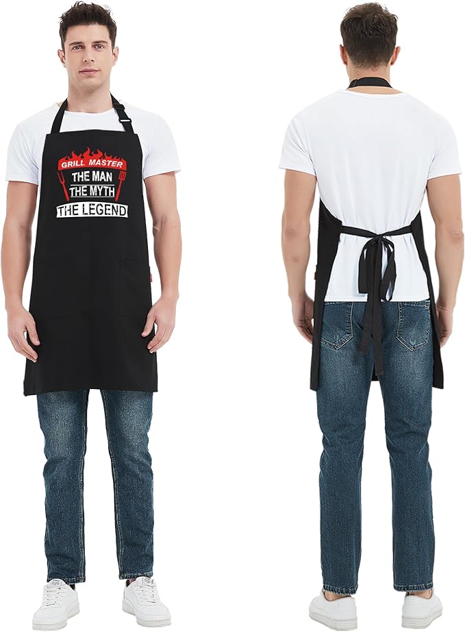 Kaidouma Grill Aprons for Men Funny - Grill Master The Man The Myth The Legend - Men’s Adjustable Bib Cooking Grilling BBQ Aprons with 2 Pockets and Long Ties