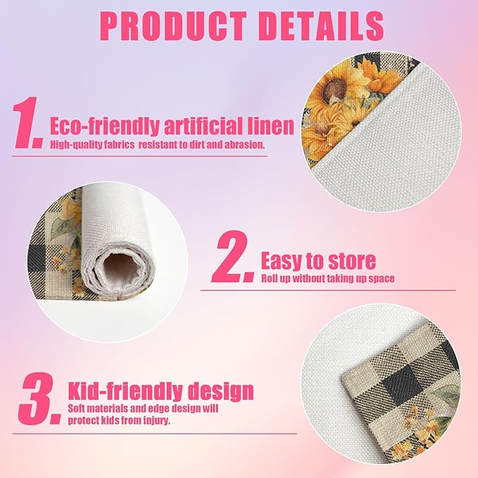 Watercolor Sunflower Placemats Set of 6,12x18 Inch Flower Floral Linen Place Mat Washable Stain Resistant Table Mats for Spring Summer Seasonal Farmhouse Kitchen Party Home Decor