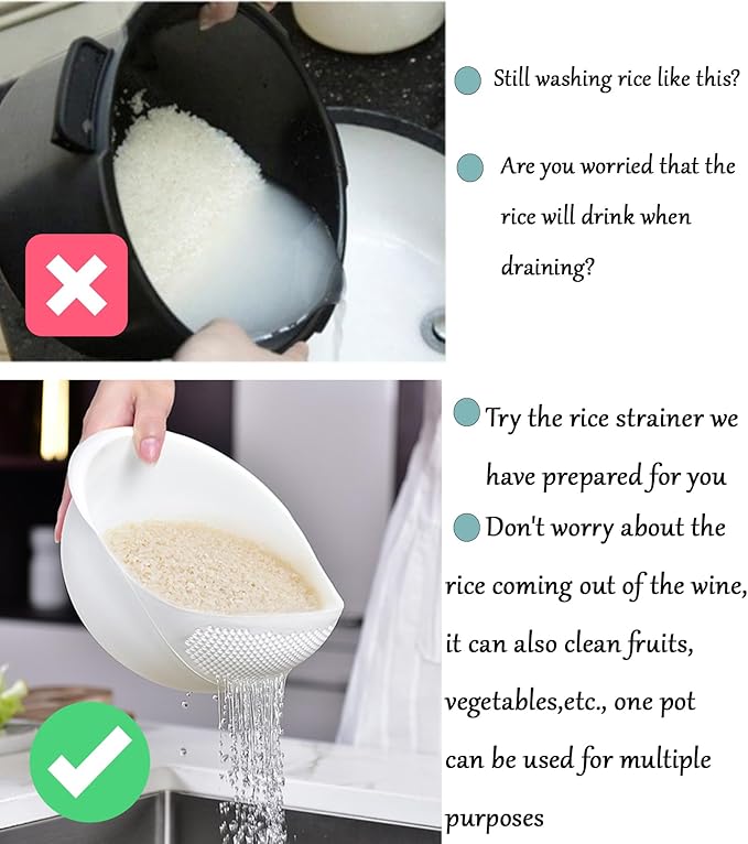 2-in-1 Rice Colander, Vegetable and Fruit Cleaning Filter Basket, 2Piece Sturdy and Easy-To-Use Food Grade Kitchen Tool Accessories (white, large+small)