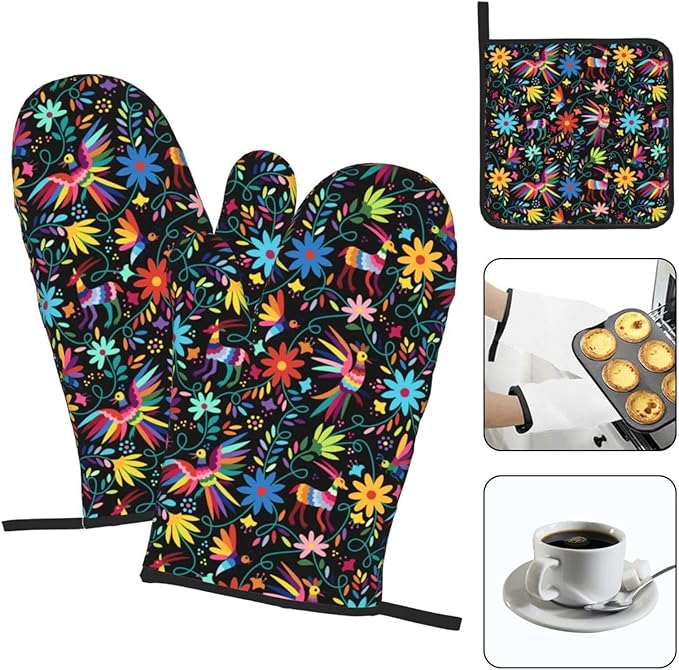 Mexican Folk Art Inspired Oven Mitts & Pot Holders Sets of 3, Polyester Heat Resistant Multicolor Kitchen Gloves and Hot Pads for Cooking Baking Grilling, Gift for Ethnic & Art Enthusiasts, Home Decor