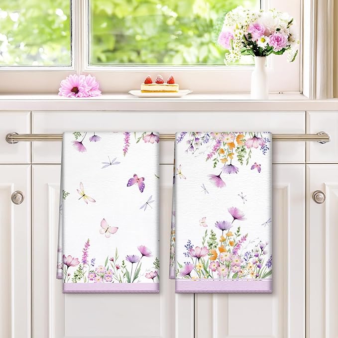 Spring Floral Butterfly Microfiber Kitchen Towels, Soft Absorbent Summer Hand Towel 15.7 × 23.6 inch, Thick Dish Cloth for Party Anniversary Holiday Decoration, Housewarming Gifts for Mom
