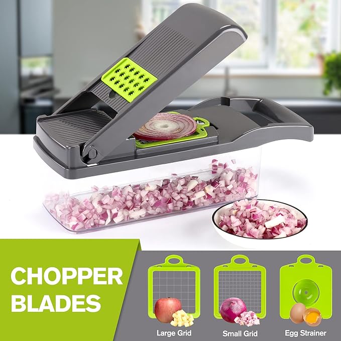 KEOUKE Vegetable Chopper Mandoline Slicer Grey - 12 in 1 Interchangeable Blades Food Chopper with Container, Hand Guard & Drainer, Veggie Dicer Kitchen Gadget for Onion, Cucumber, Tomato, Fruit