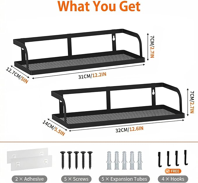 PUSDON 2-Pack Wide Hollowout Shower Caddy & Spice Rack, Wall Mount Bathroom Organizer with Mesh Bottom, Easy Access Cabinet Door Shelf Holds 50LBS - Matte Black, Hollowout