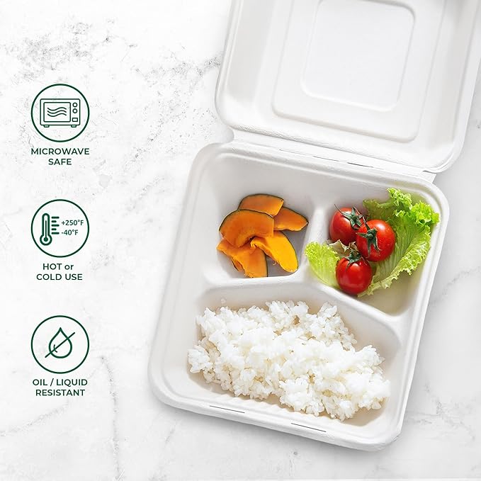 Freshware Clamshell Food Containers with Lids [9x9"] 3-Compartment 200-Pack, Disposable To Go Containers, Biodegradable Sugarcane To Go Boxes - Paper Containers - Microwave & Freezer Safe, Stackable