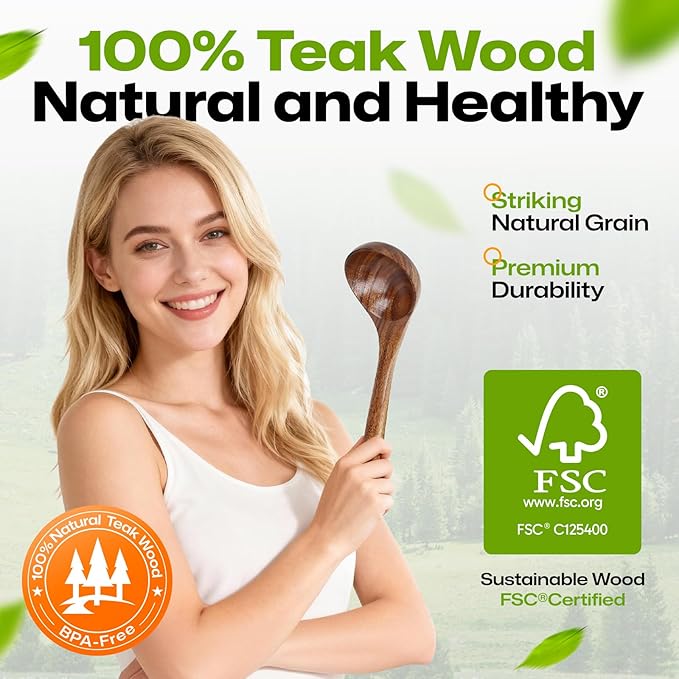 AIUHI Wooden Ladle for Cooking,Teak Wood Soup Ladle, Long Handle Deep Scooper Wooden Serving Spoon – Non-stick & No Scratch