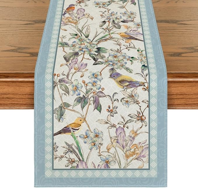 Artoid Mode Blue Birds Flowers Blossom Table Runner, Seasonal Spring Floral Kitchen Dining Table Decoration for Home Party Decor 13x48 Inch