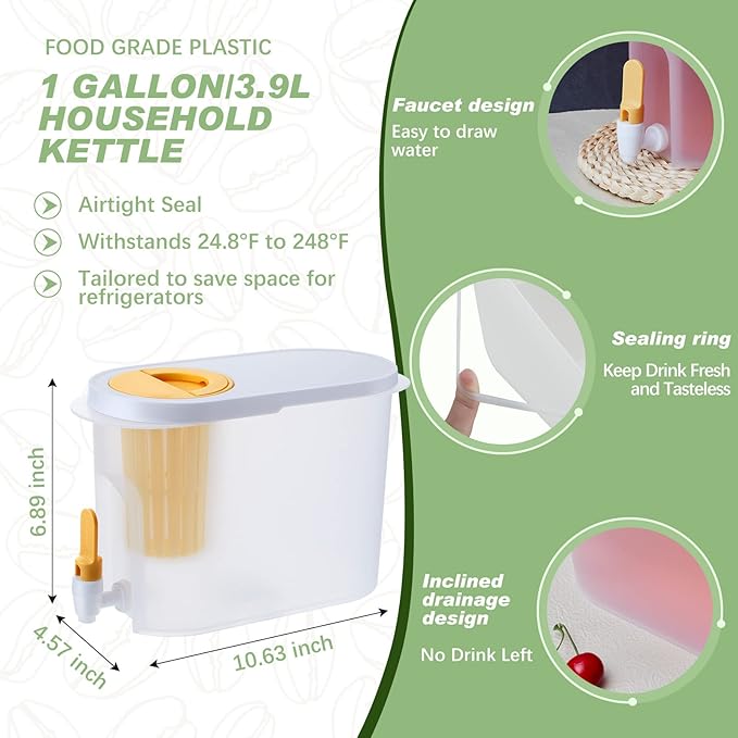 Gerrii 2 Pcs Cold Brew Maker, 1 Gallon Plastic Beverage Dispenser with 2 Filters, Drink Dispenser for Fridge, Cold Brew Pitcher with Spigot, Container for Juice, Water, Tea(Green, Yellow)