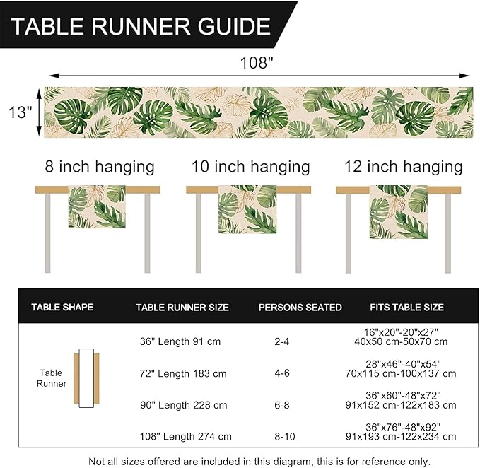 Seliem Summer Palm Leaves Tropical Greenery Table Runner, Monstera Home Kitchen Dining Plant Decor, Spring Seasonal Decorations Indoor Outdoor Hawaii Luau Anniversary Party Supply 13 x 108 Inch