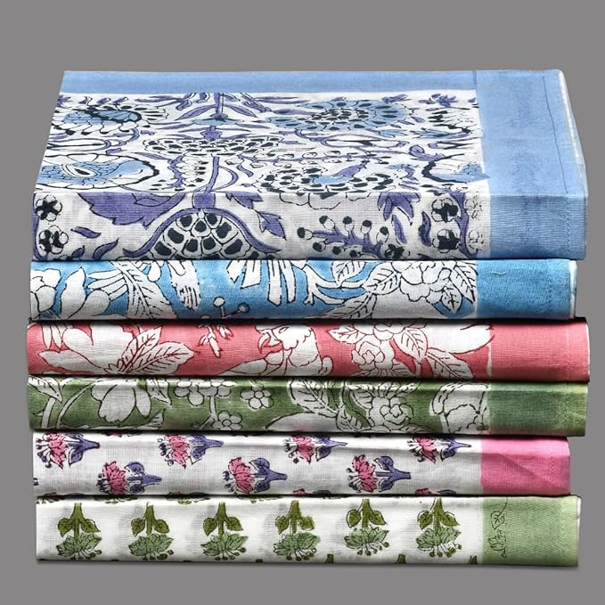 CPC Mix Border Indian Block Print Cotton Cloth Napkins Set of 4, 18x18 Reusable Everyday Napkins, Soft, Absorbent, Floral Dinner Napkin, Holiday, Party Gift, Spring,Mother's Day