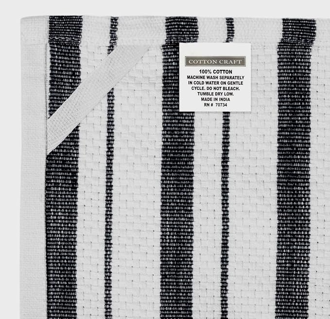 COTTON CRAFT Oversized Kitchen Towels - 4 Pack 100% Cotton Basketweave Tea Dish Towels - Absorbent Reusable Low Lint Quick Dry - Cooking Drying Restaurant Bar Cleaning Cloth Napkin -20x30 Black Stripe