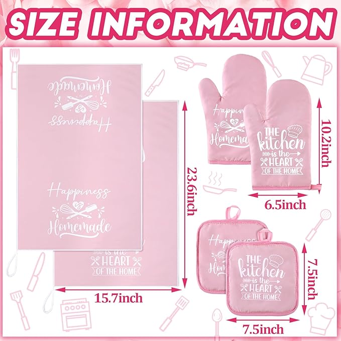 Sratte 6 Pcs Kitchen Decor Accessories Set Farmhouse Towels Pot Holders Oven Mitts Set 2 Dish Towels 2 Potholders 2 Cooking Mittens Oven Glove for Christmas Baking Cooking Supply(Pink,Kitchen)