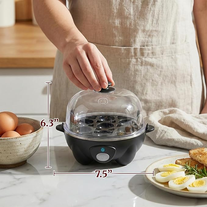 Elite Gourmet EGC-007B# Rapid Egg Cooker, 7 Easy-To-Peel, Hard, Medium, Soft Boiled Eggs, Poacher, Omelet Maker, Auto Shut-Off, Alarm, 16-Recipe Booklet, Black