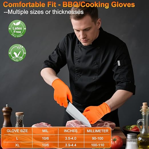 ANBOSON BBQ Gloves for Grilling Disposable Heat Resistant - 100 Nitrile Gloves + 4 Reusable Cotton Liners for Cooking Smoker -Orange XXLarge