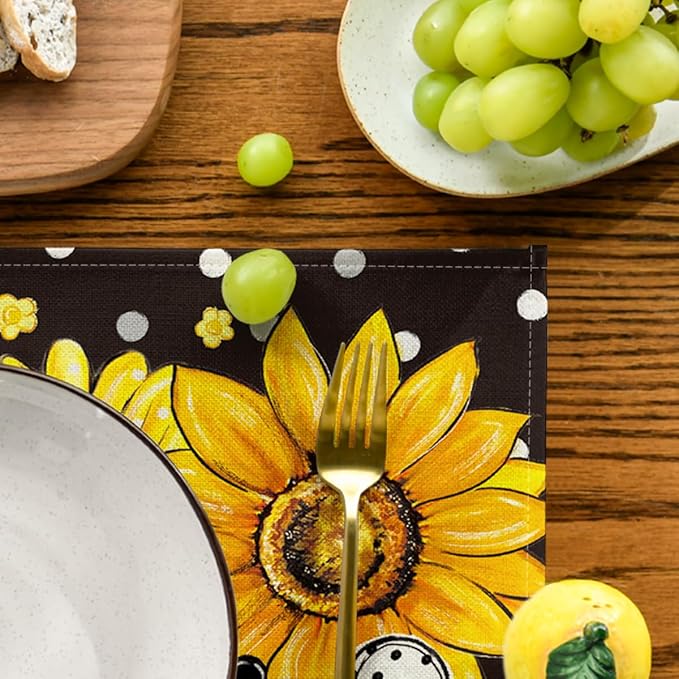 Artoid Mode Black Sunflower Bee Flower Polka Dot Summer Placemats Set of 4, 12x18 Inch Table Mats for Table Runner Party Kitchen Dining Decoration