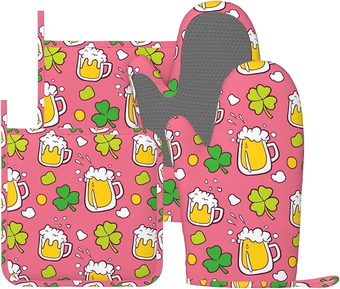 Saint Patrick Celebration Beer Oven Mitts and Pot Holders Sets of 4, Heat Resistant Silicone Oven Mittens and Potholders Gloves Hot Pads for Kitchen Cooking Baking Grilling BBQ Chef
