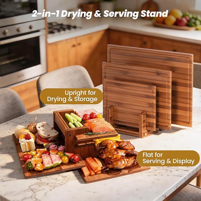 Bamboo Cutting Board Set of 3, Durable Wooden Chopping Boards with Distinctive Stand & Juice Grooves, Ideal for Meat, Vegetables, Fruit, Charcuterie Prep & Serving, Kitchen Essentials, Gifts for Mom