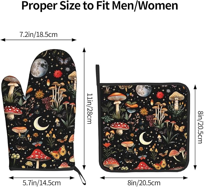 Cute Mushroom Oven Mitts and Pot Holders Sets of 3, Heat Resistant Black Hot Pads Oven Gloves with Hanging Loop for Cooking Grilling Baking, Boho Kitchen Decor, Witchy Gifts for Women Mushroom Lovers
