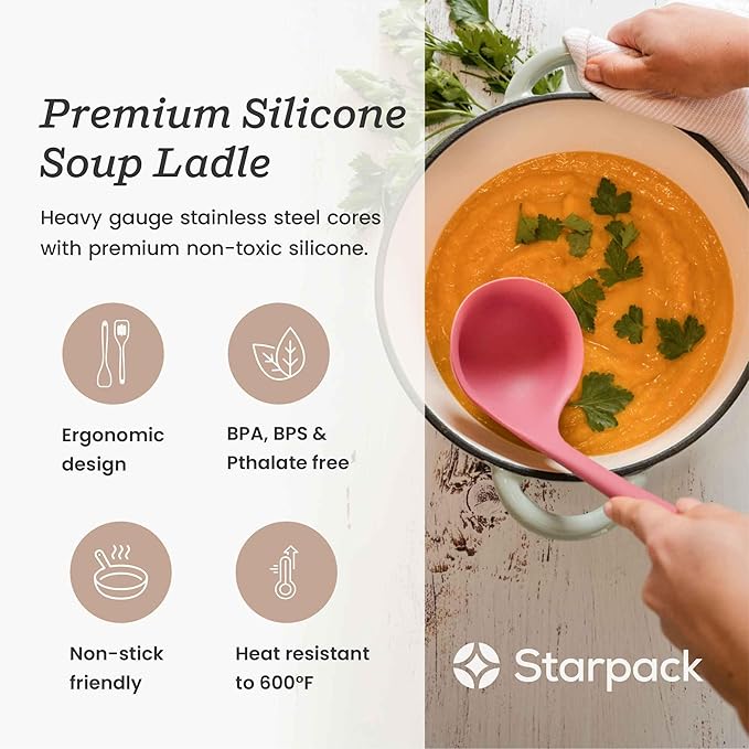 Starpack 'Ladle of Love' XL Premium Silicone Ladle Spoon - Up-to 600°F High Heat Resistant Soup Ladles - Kitchen Ladles for Serving, Rubber Non Stick Silicone Spoons, LFGB Grade Cooking Spoon