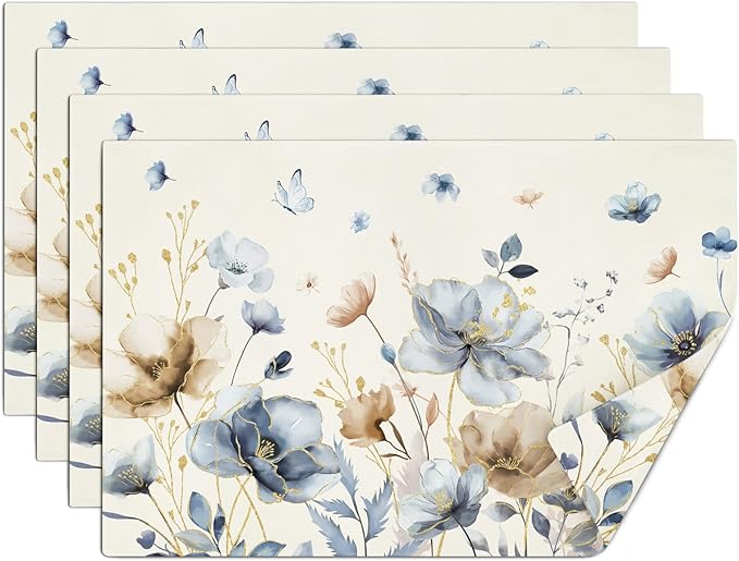 comfoyar Brown Grey Poppy Flowers Placemats Set of 4, 12x18 Inch Non-Slip Linen Spring Watercolour Floral Place Mats, Washable Absorbent Vintage Table Mats for Kitchen Dining Party Table Decoration