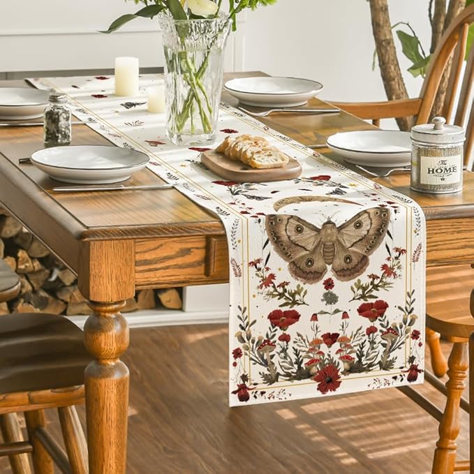 Artoid Mode Beige Poppy Moth Mushroom Moon Fall Table Runner, Seasonal Autumn Kitchen Dining Table Decoration for Home Party Decor 13x72 Inch
