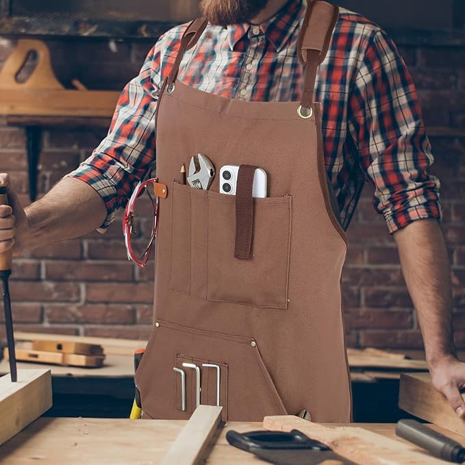 Men's Canvas Tool Apron, Heavy Duty Multi-Pocket Work Apron for Woodworking Gardening Bartender Adjustable Straps