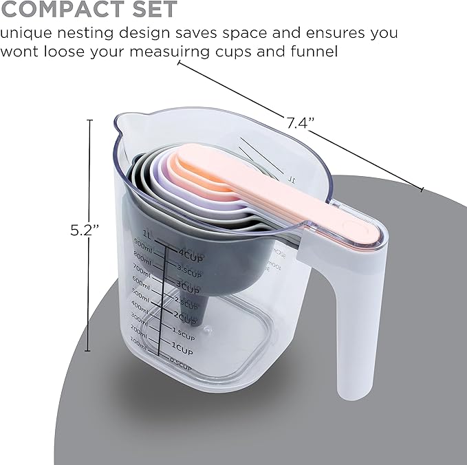 COOK WITH COLOR Measuring Cup Set - 9 PC. Nesting Stackable Liquid Measure Cup, Dry Measuring Cups and Spoons with Funnel and Scraper (Grey and Pink)