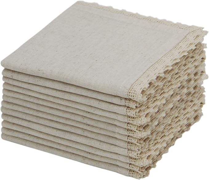 COTTON CRAFT Cocktail Napkins - Set of 12 Flax Linen Cloth Napkins with Lace - Happy Hour Drink Beverage Bar Holiday Party Dessert Gift - Lunch Brunch Dinner Washable Reusable Napkin - 10x10 - Natural