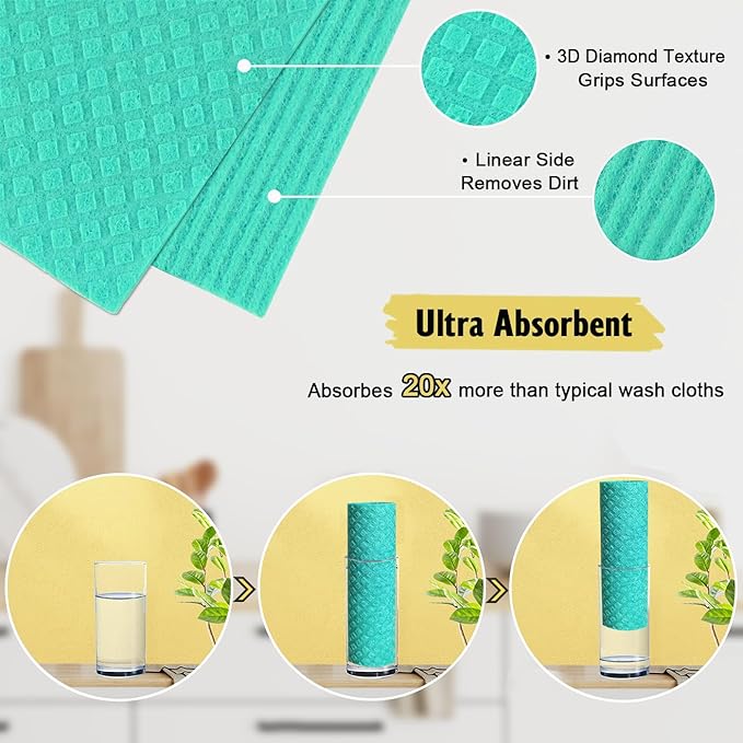 MoLKENE Swedish Dishcloths, Reusable Soft Kitchen Towels, Absorbent Sponge Cleaning Cloths, Washable Quick Drying, 6 Pack, Assorted
