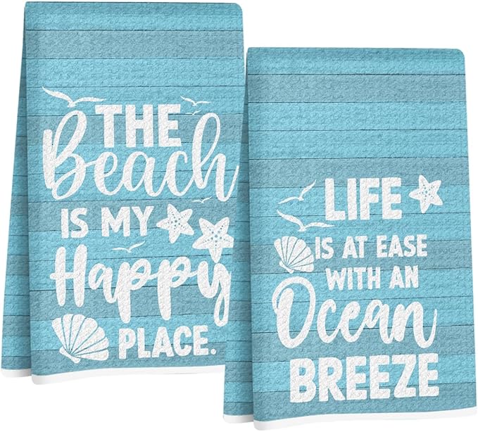 Jztco 2 Pcs Beach Coastal Kitchen Towels, Reusable Hand Tea Towel, Microfiber Dish Cloths for Drying Dishes, Waffle Dish Towels for Bathroom Kitchen Decor, Coastal Beach Gifts for Women Mom