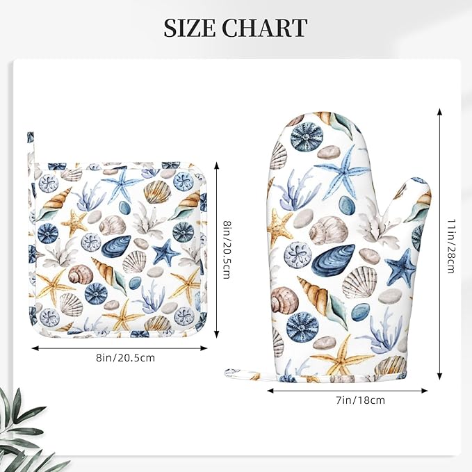Blue Seashell Starfish Oven Mitts and Pot Holders 4 pcs Set Silicone Watercolor Shells Kitchen Oven Mitt Gloves Pot Holders Non-Slip Heat Resistant Cooking Mitts Set for Kitchen Baking