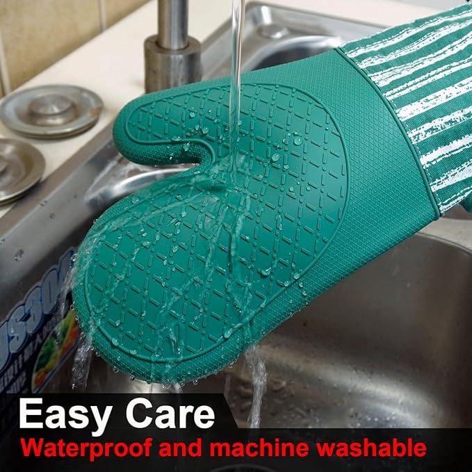 Alselo Silicone Oven Mitts Heat Resistant 932℉ with Waterproof & Non-Slip Kitchen Mittens, Set of 2 Extra Long Oven Gloves with Soft Cotton Terry Lining for Baking Cooking Barbecue (Emerald Green, 2)