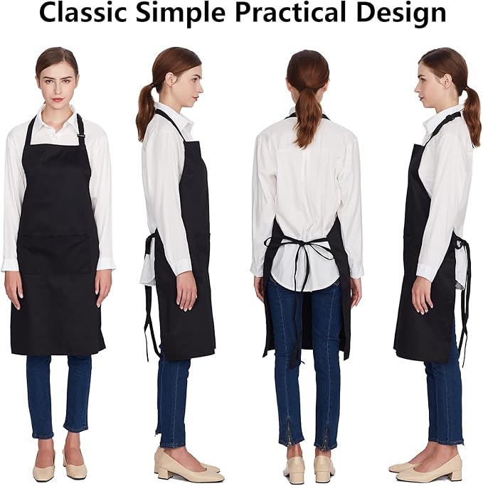 Jubatus 2 Pack 100% Cotton Aprons with 2 Pockets Cooking Chef Kitchen Adjustable Bib Apron for Women Men, Black