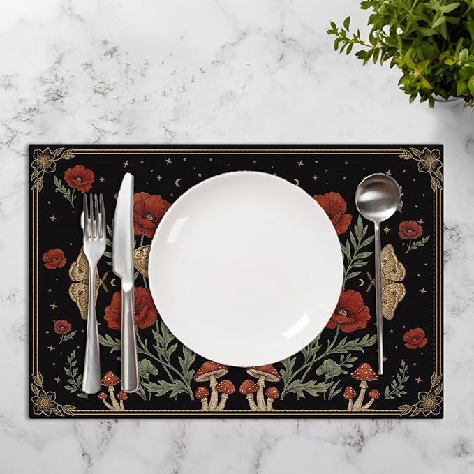 Black Poppy Moth Moon Placemats Set of 4, Floral Spring Table Mats for Outdoor Home Party Kitchen Dining Decor, Washable Non-Slip Heat Resistant Place Mats,Gothic Gifts for Women Mom Friend 12x18 Inch