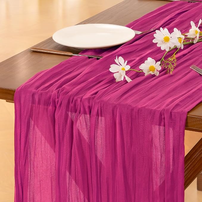 Socomi 2pcs Hot Pink Spring Cheesecloth Table Runner Fuchsia Boho Rustic Gauze 120 inch 10FT Cheese Cloth Runner for Wedding Party Baby Shower Birthday Home Decor