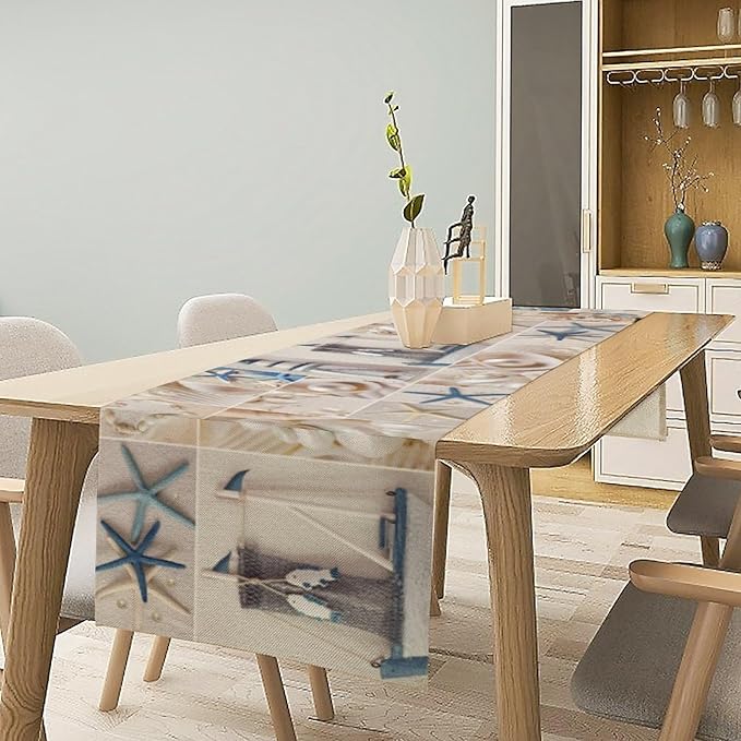 Nautical Table Runner Coastal Lighthouse Starfish Collage Plaid Art Printed Runner for Home Kitchen Dining Table Living Room Decor Fabric 1 Panel W13xL120in