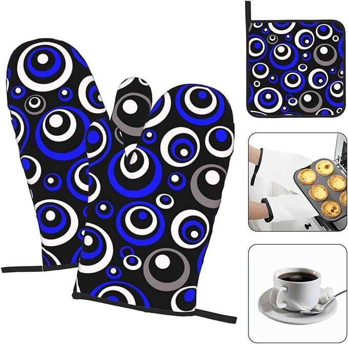 3 - Piece Blue Black White Retro Circular Oven Mitts & Pot Holders Sets, Modern Abstract Art Blue Oven Gloves Heat Resistant for Home Cooking Baking, Cooking, Kitchen Decor & Gift for Culinary Women
