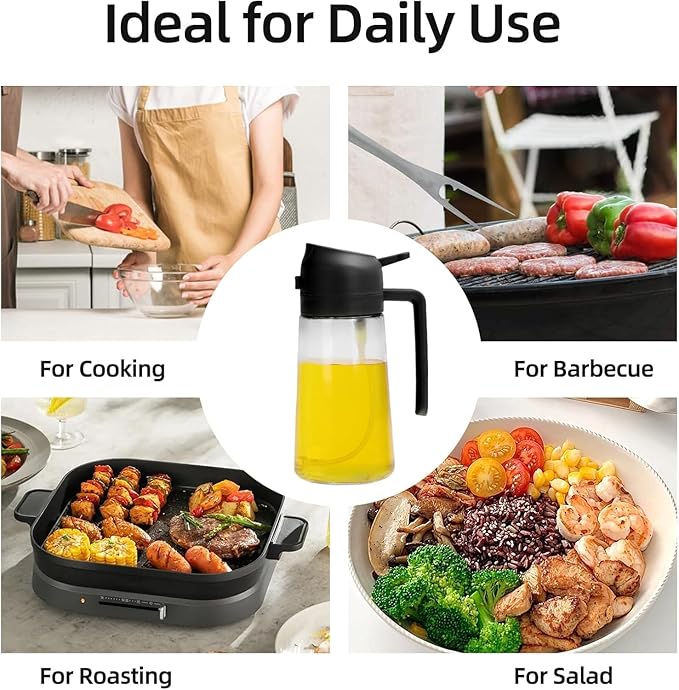 Aovdy Oil Sprayer for Cooking 16oz,2 in 1 Olive Oil Dispenser and Oil Sprayer - 470ml Olive Bottle Spray and Pour - Glass Oil Dispenser for Kitchen Cooking Salad BBQ (2PCS-Black)