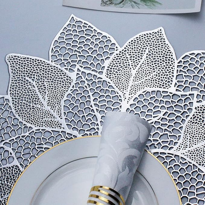 AdasBridal Silver Round Placemats for Dining Table Set of 6 Pressed Vinyl Metallic Table Mats Hollow Out Hibiscus Flower Place Mats for Dinner Decor Holiday Wedding Accent Centerpiece